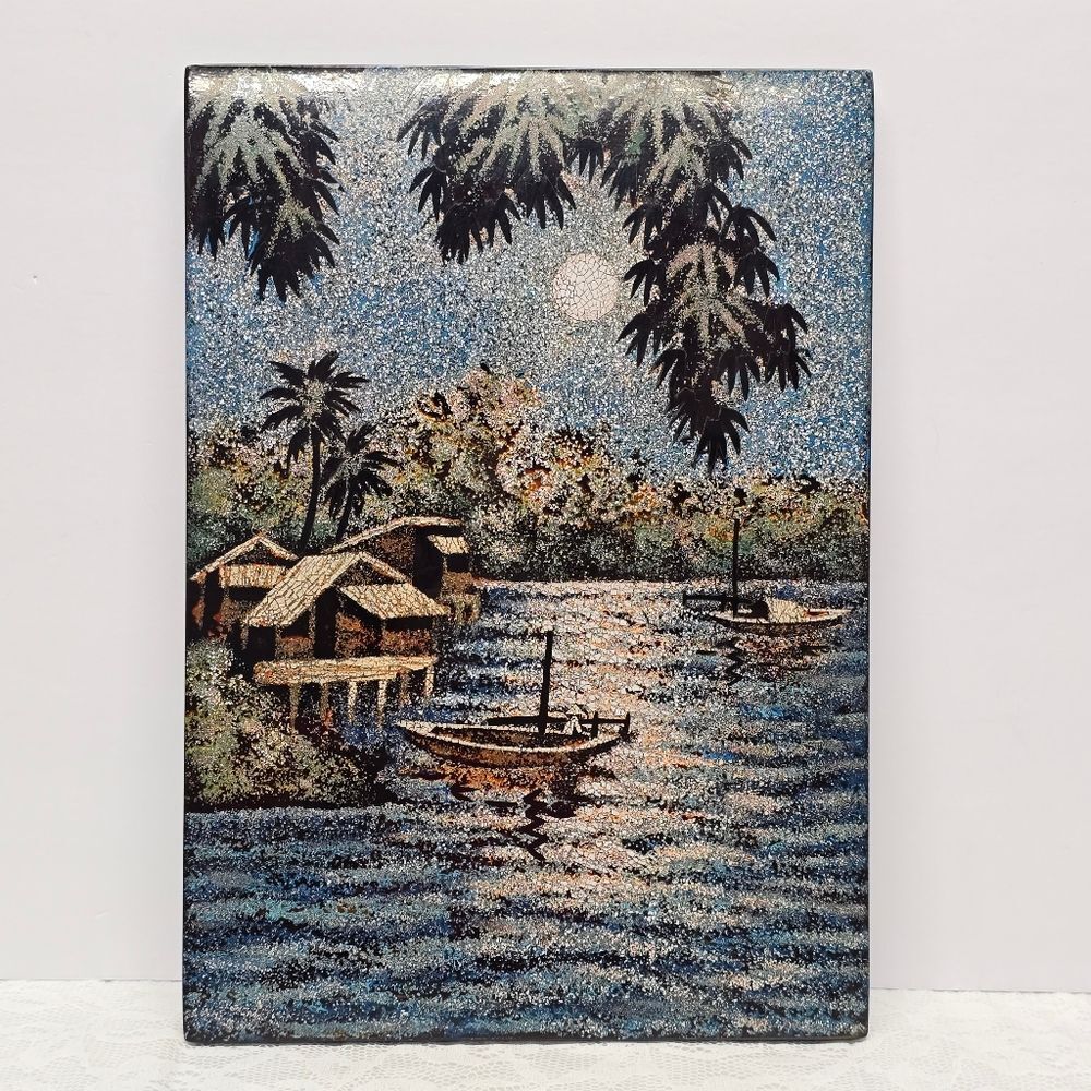 Vintage Vietnamese Village Wooden Black Lacquered Eggshell Inlay Art Plaque